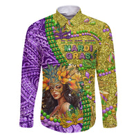 Personalised Hawaii Mardi Gras Family Matching Off Shoulder Maxi Dress and Hawaiian Shirt Polynesian Pattern With Glitter Style LT05 Dad's Shirt - Long Sleeve Yellow - Polynesian Pride