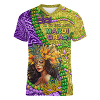 Personalised Hawaii Mardi Gras Women V Neck T Shirt Polynesian Pattern With Glitter Style LT05 Female Yellow - Polynesian Pride