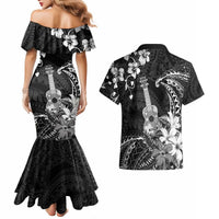 Hawaii Ukulele Couples Matching Mermaid Dress and Hawaiian Shirt Polynesian Pattern Mix Hibiscus Black Version LT05