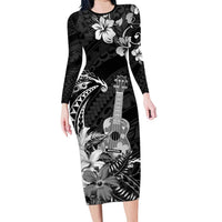 Hawaii Ukulele Family Matching Long Sleeve Bodycon Dress and Hawaiian Shirt Polynesian Pattern Mix Hibiscus Black Version LT05