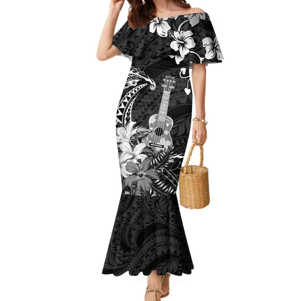 Hawaii Ukulele Family Matching Mermaid Dress and Hawaiian Shirt Polynesian Pattern Mix Hibiscus Black Version LT05