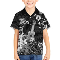 Hawaii Ukulele Family Matching Off Shoulder Maxi Dress and Hawaiian Shirt Polynesian Pattern Mix Hibiscus Black Version LT05