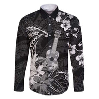 Hawaii Ukulele Family Matching Off Shoulder Short Dress and Hawaiian Shirt Polynesian Pattern Mix Hibiscus Black Version LT05