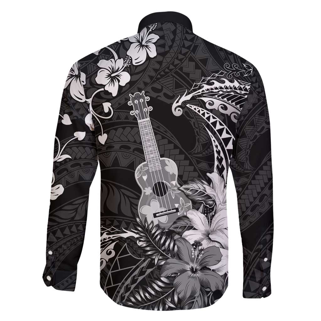 Hawaii Ukulele Family Matching Off Shoulder Short Dress and Hawaiian Shirt Polynesian Pattern Mix Hibiscus Black Version LT05