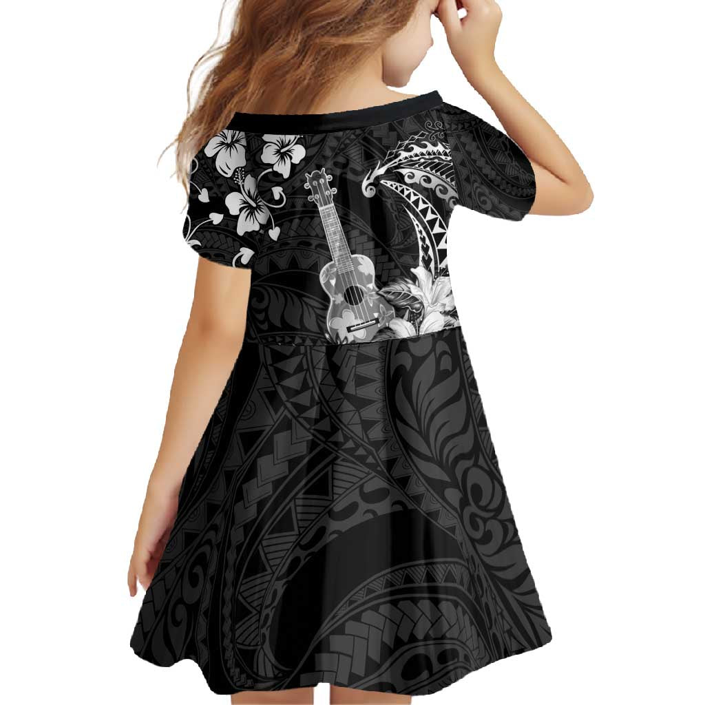Hawaii Ukulele Family Matching Tank Maxi Dress and Hawaiian Shirt Polynesian Pattern Mix Hibiscus Black Version LT05
