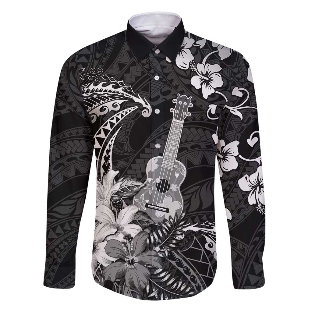 Hawaii Ukulele Family Matching Tank Maxi Dress and Hawaiian Shirt Polynesian Pattern Mix Hibiscus Black Version LT05