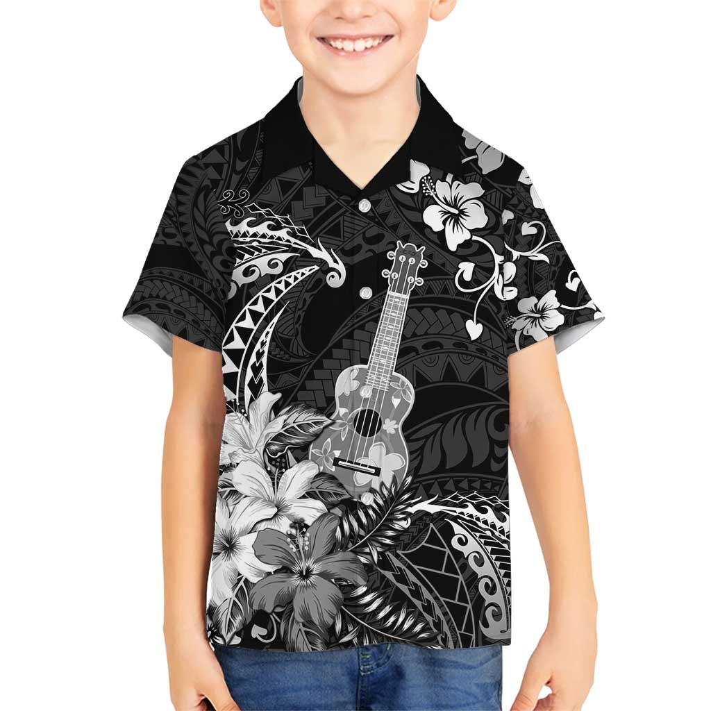 Hawaii Ukulele Family Matching Tank Maxi Dress and Hawaiian Shirt Polynesian Pattern Mix Hibiscus Black Version LT05