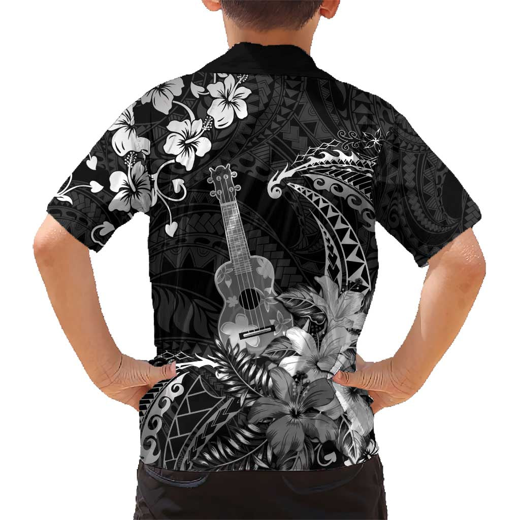 Hawaii Ukulele Kid Hawaiian Shirt Polynesian Pattern Mix Hibiscus Black Version LT05