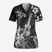 Hawaii Ukulele Scrub Top Polynesian Pattern Mix Hibiscus Black Version - Polynesian Pride