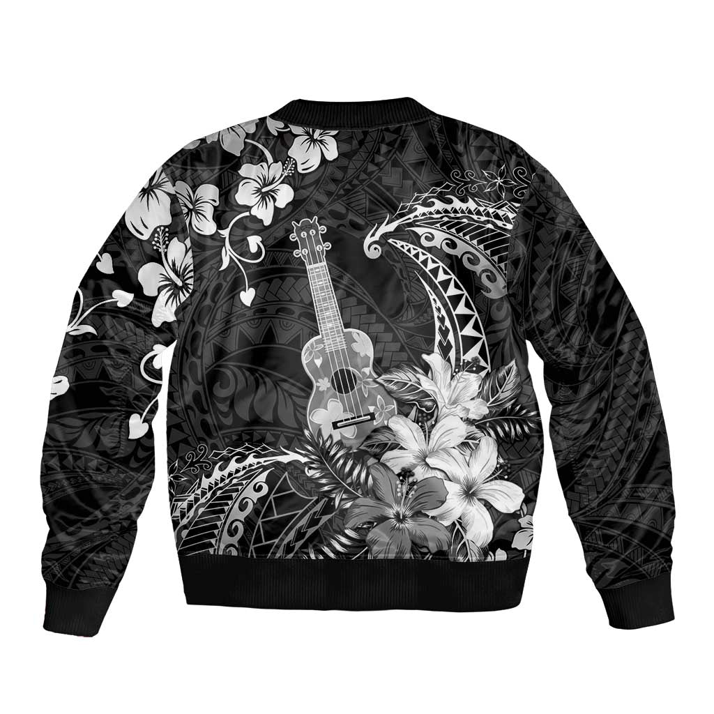Hawaii Ukulele Sleeve Zip Bomber Jacket Polynesian Pattern Mix Hibiscus Black Version LT05