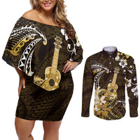 Hawaii Ukulele Couples Matching Off Shoulder Short Dress and Long Sleeve Button Shirt Polynesian Pattern Mix Hibiscus Gold Version LT05 Gold - Polynesian Pride