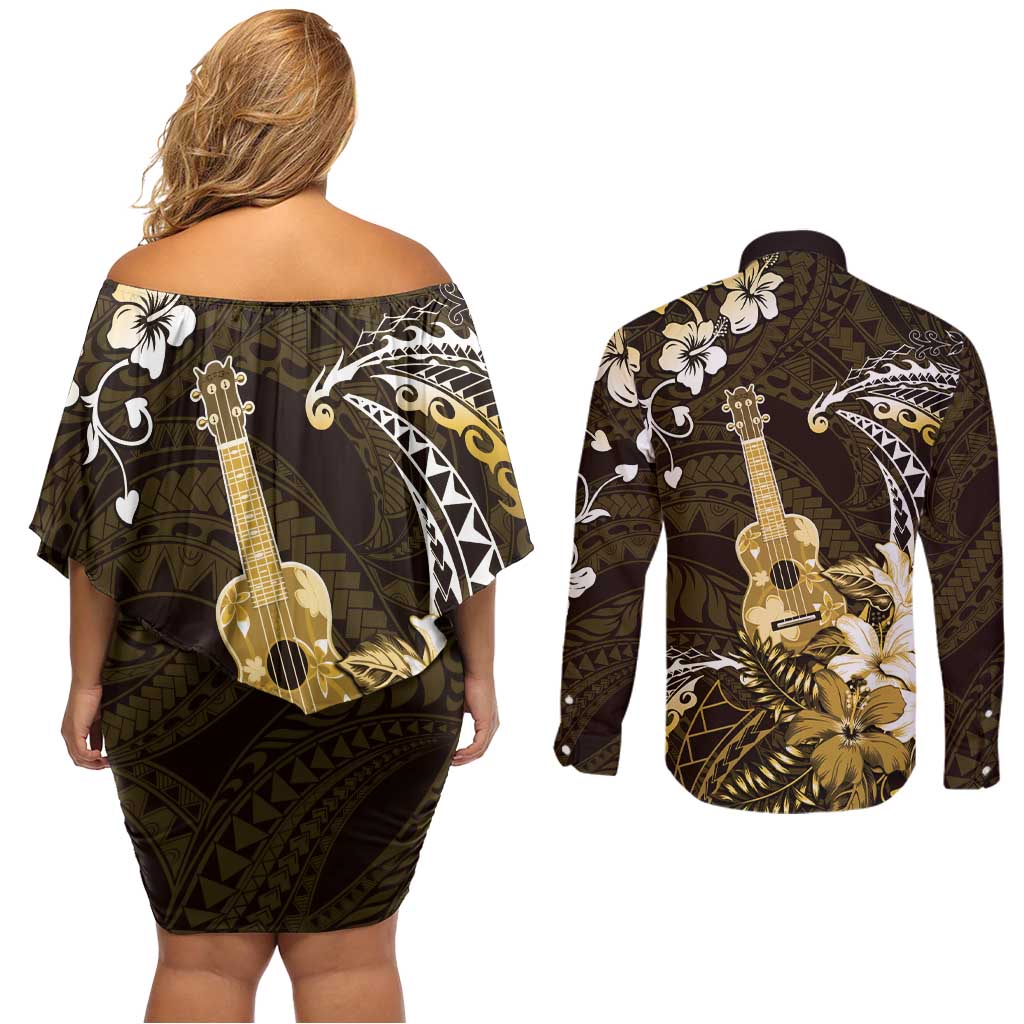 Hawaii Ukulele Couples Matching Off Shoulder Short Dress and Long Sleeve Button Shirt Polynesian Pattern Mix Hibiscus Gold Version LT05 - Polynesian Pride