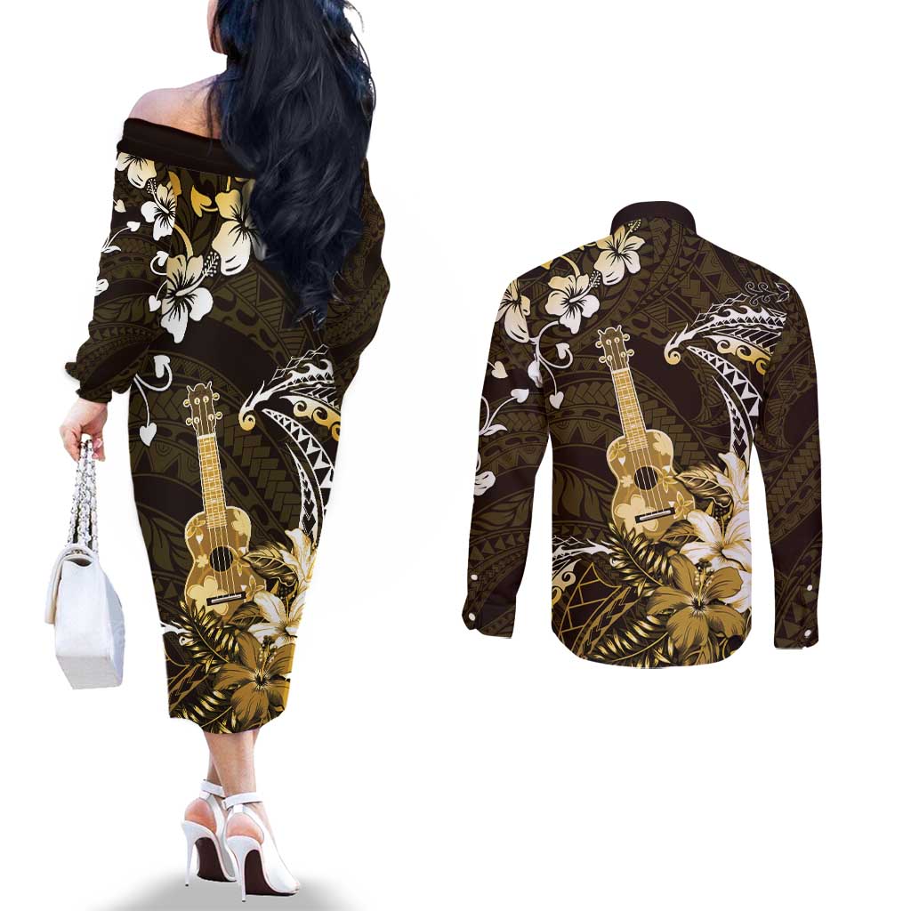 Hawaii Ukulele Couples Matching Off The Shoulder Long Sleeve Dress and Long Sleeve Button Shirt Polynesian Pattern Mix Hibiscus Gold Version LT05