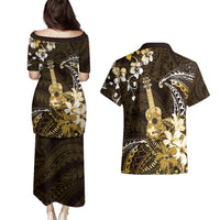 Hawaii Ukulele Couples Matching Puletasi and Hawaiian Shirt Polynesian Pattern Mix Hibiscus Gold Version LT05