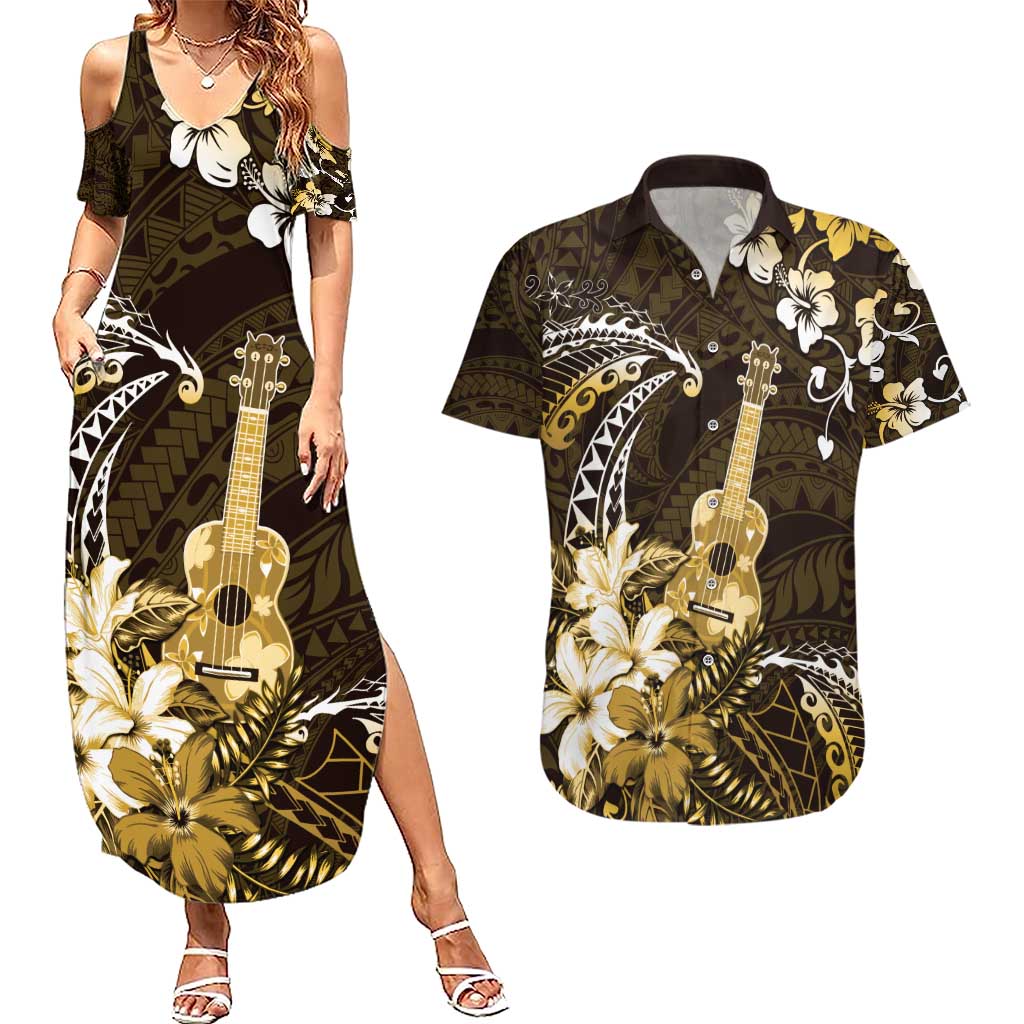 Hawaii Ukulele Couples Matching Summer Maxi Dress and Hawaiian Shirt Polynesian Pattern Mix Hibiscus Gold Version LT05 Gold - Polynesian Pride