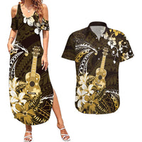 Hawaii Ukulele Couples Matching Summer Maxi Dress and Hawaiian Shirt Polynesian Pattern Mix Hibiscus Gold Version LT05 Gold - Polynesian Pride