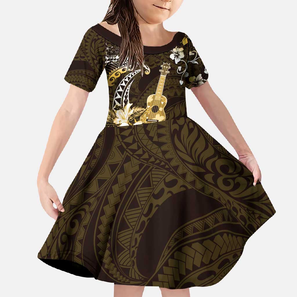 Hawaii Ukulele Family Matching Mermaid Dress and Hawaiian Shirt Polynesian Pattern Mix Hibiscus Gold Version LT05