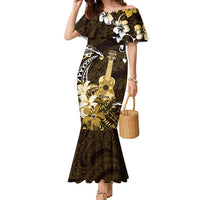Hawaii Ukulele Family Matching Mermaid Dress and Hawaiian Shirt Polynesian Pattern Mix Hibiscus Gold Version LT05