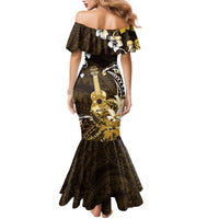 Hawaii Ukulele Family Matching Mermaid Dress and Hawaiian Shirt Polynesian Pattern Mix Hibiscus Gold Version LT05