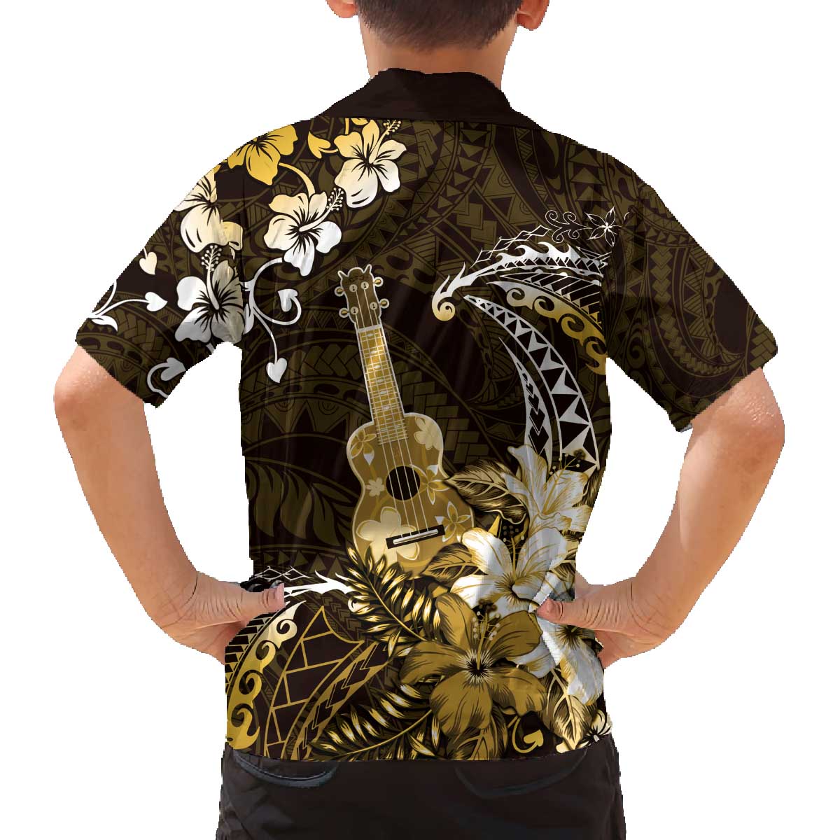 Hawaii Ukulele Family Matching Off The Shoulder Long Sleeve Dress and Hawaiian Shirt Polynesian Pattern Mix Hibiscus Gold Version LT05