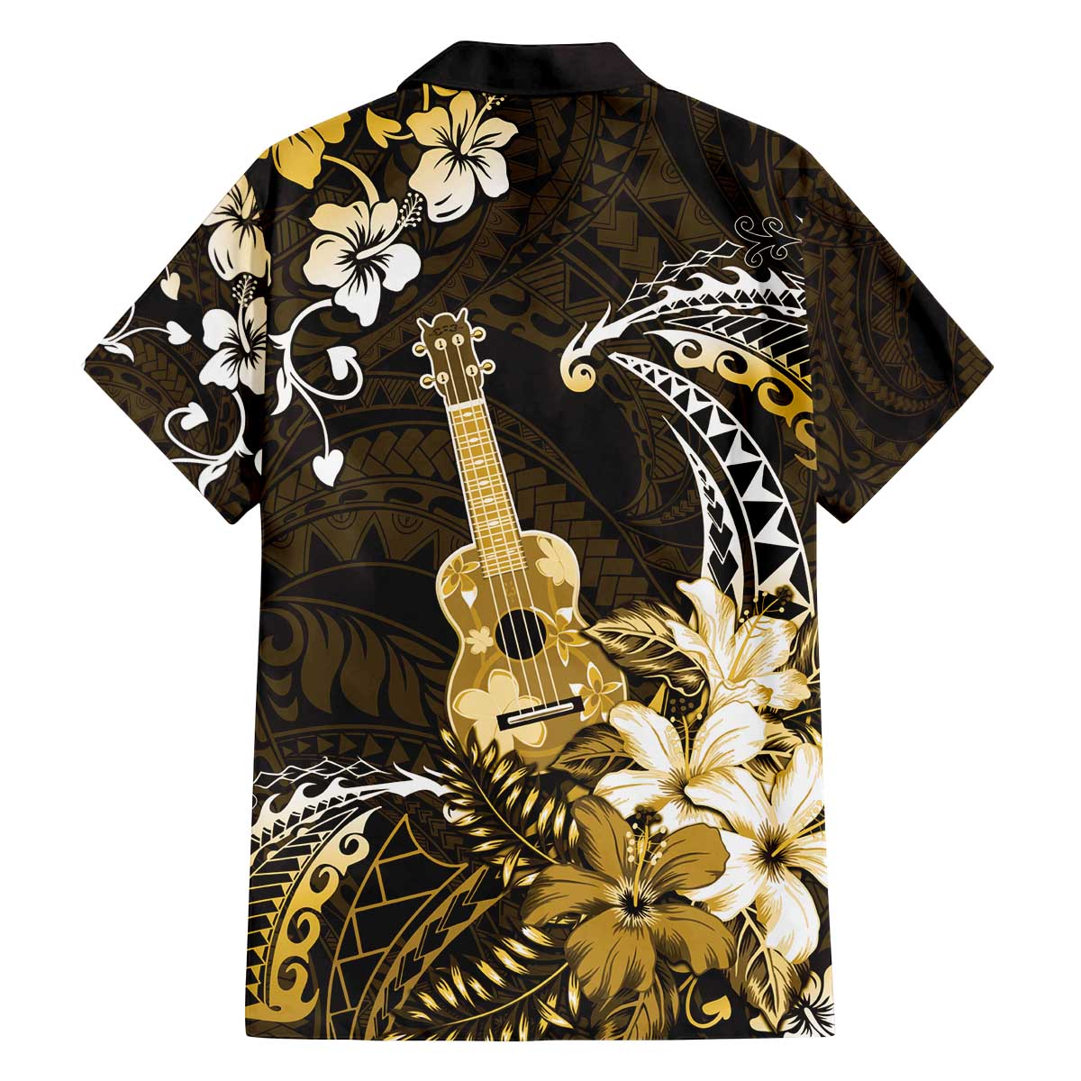 Hawaii Ukulele Family Matching Off The Shoulder Long Sleeve Dress and Hawaiian Shirt Polynesian Pattern Mix Hibiscus Gold Version LT05