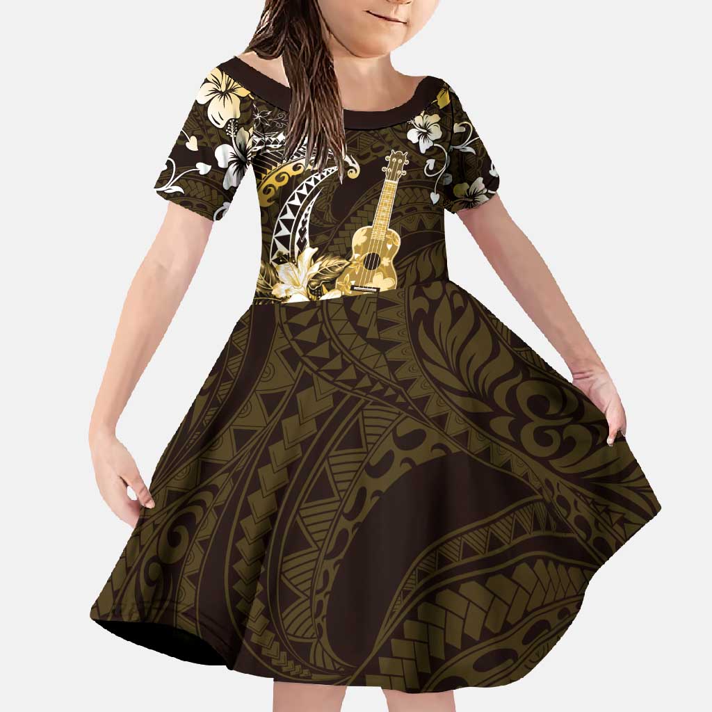 Hawaii Ukulele Family Matching Off Shoulder Maxi Dress and Hawaiian Shirt Polynesian Pattern Mix Hibiscus Gold Version LT05