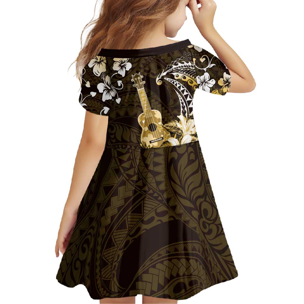 Hawaii Ukulele Family Matching Off Shoulder Maxi Dress and Hawaiian Shirt Polynesian Pattern Mix Hibiscus Gold Version LT05