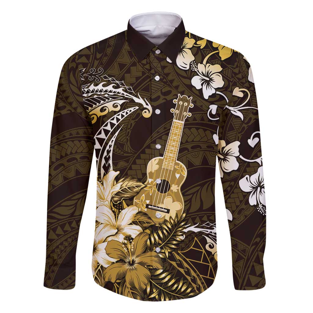 Hawaii Ukulele Family Matching Off Shoulder Maxi Dress and Hawaiian Shirt Polynesian Pattern Mix Hibiscus Gold Version LT05