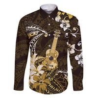Hawaii Ukulele Family Matching Off Shoulder Maxi Dress and Hawaiian Shirt Polynesian Pattern Mix Hibiscus Gold Version LT05