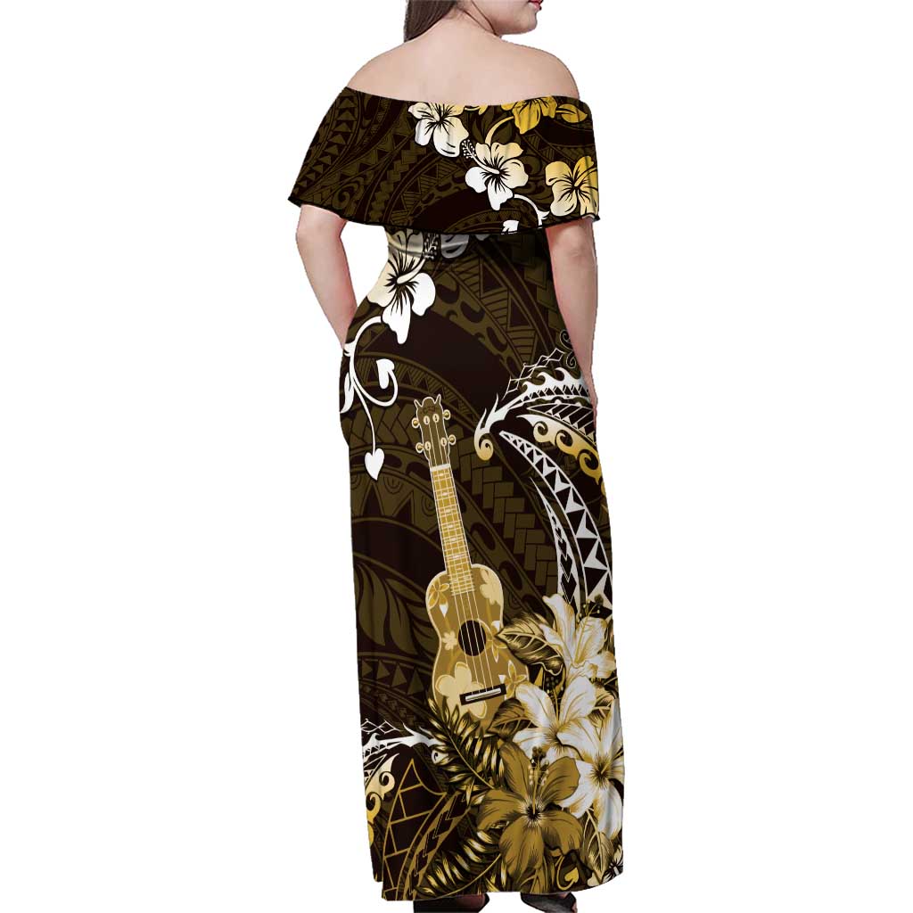 Hawaii Ukulele Family Matching Off Shoulder Maxi Dress and Hawaiian Shirt Polynesian Pattern Mix Hibiscus Gold Version LT05