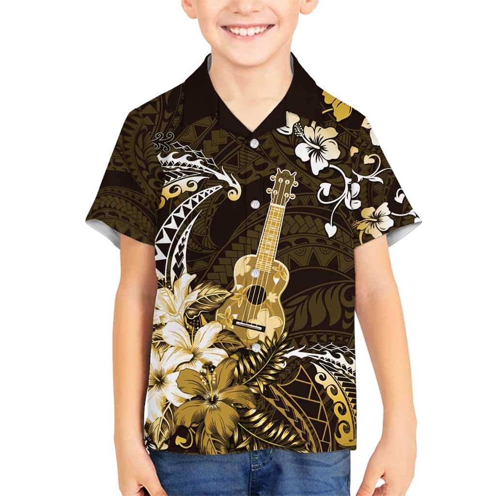 Hawaii Ukulele Family Matching Off Shoulder Maxi Dress and Hawaiian Shirt Polynesian Pattern Mix Hibiscus Gold Version LT05