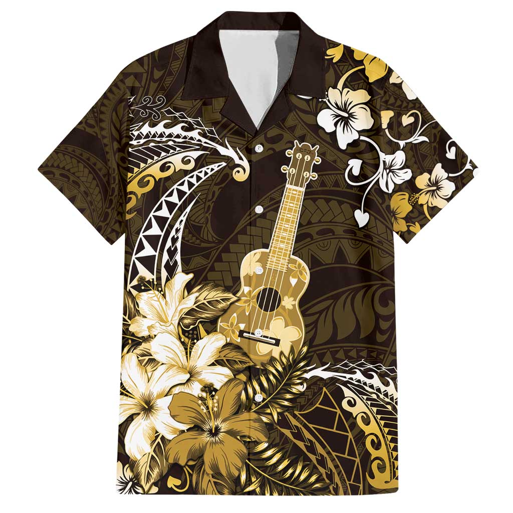 Hawaii Ukulele Family Matching Short Sleeve Bodycon Dress and Hawaiian Shirt Polynesian Pattern Mix Hibiscus Gold Version LT05