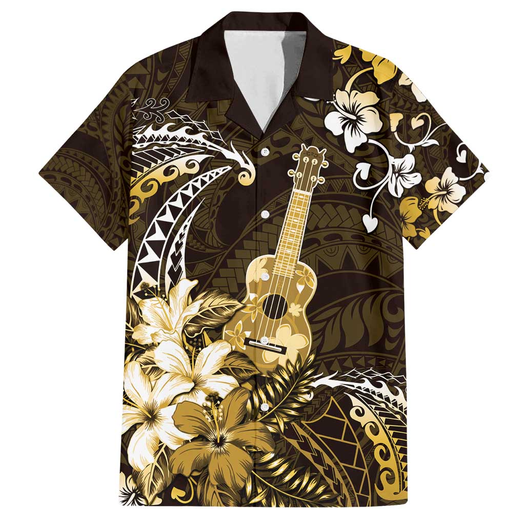 Hawaii Ukulele Family Matching Summer Maxi Dress and Hawaiian Shirt Polynesian Pattern Mix Hibiscus Gold Version LT05