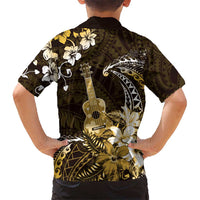 Hawaii Ukulele Kid Hawaiian Shirt Polynesian Pattern Mix Hibiscus Gold Version LT05