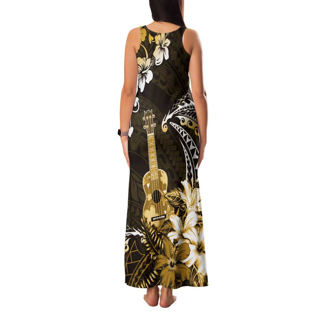 Hawaii Ukulele Tank Maxi Dress Polynesian Pattern Mix Hibiscus Gold Version LT05