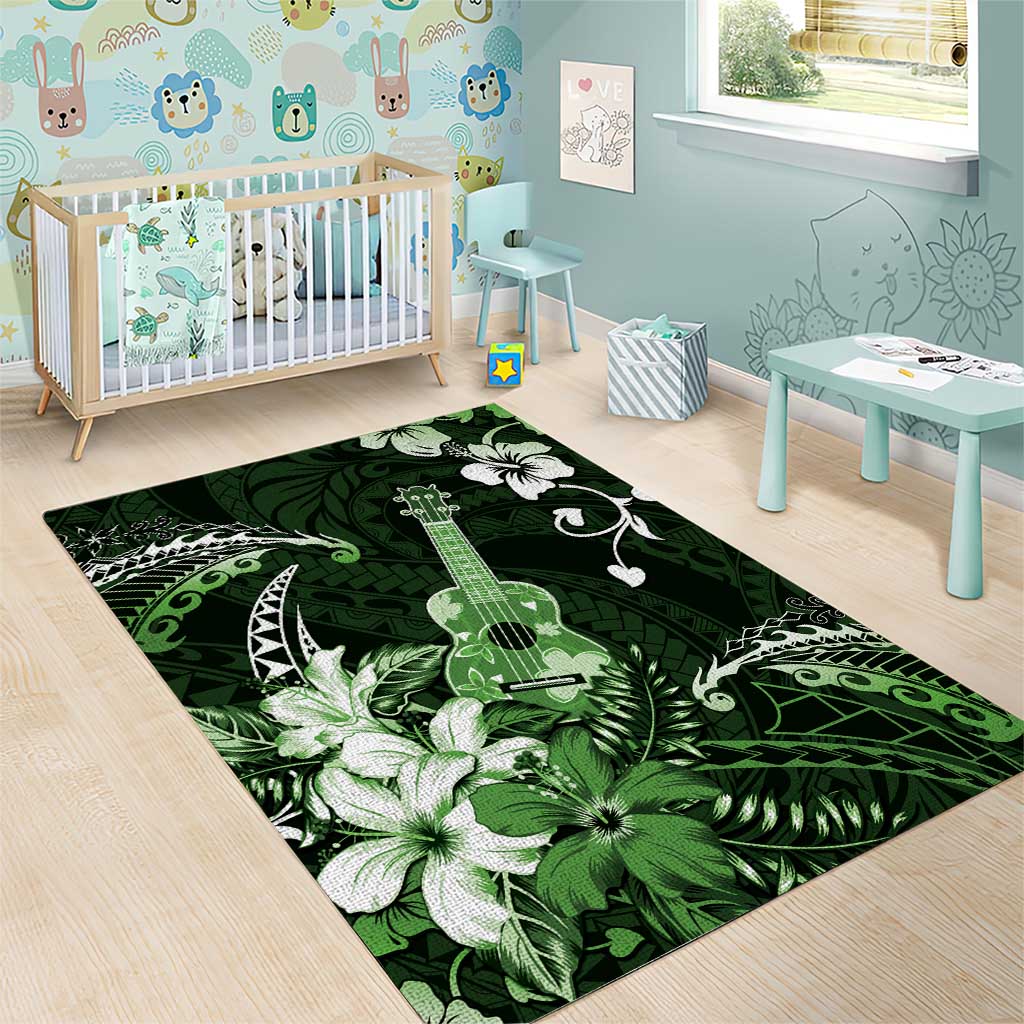 Hawaii Ukulele Area Rug Polynesian Pattern Mix Hibiscus Green Version