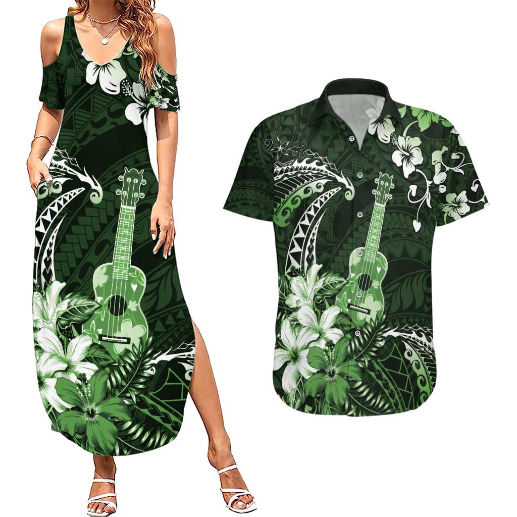 Hawaii Ukulele Couples Matching Summer Maxi Dress and Hawaiian Shirt Polynesian Pattern Mix Hibiscus Green Version LT05 Green - Polynesian Pride