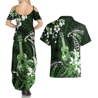 Hawaii Ukulele Couples Matching Summer Maxi Dress and Hawaiian Shirt Polynesian Pattern Mix Hibiscus Green Version LT05 - Polynesian Pride