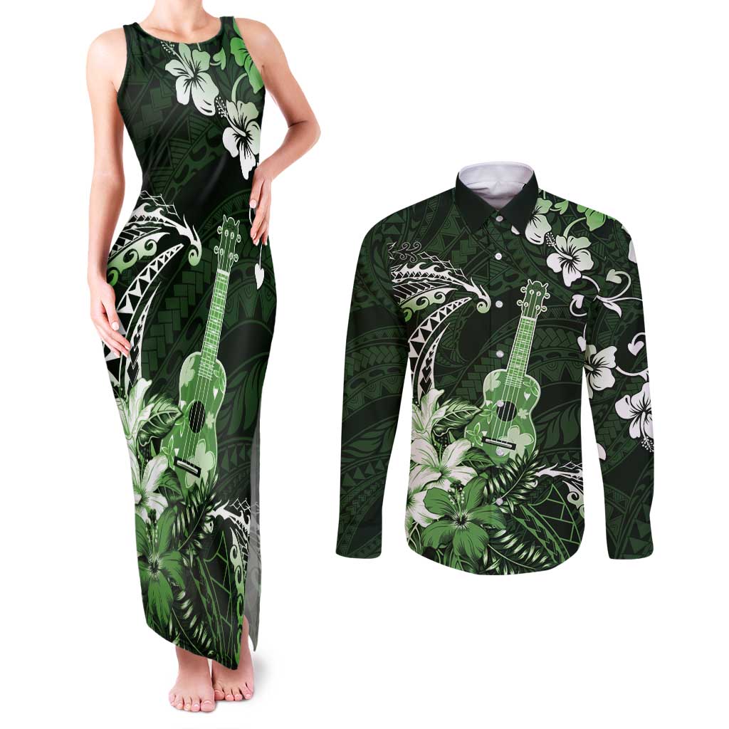 Hawaii Ukulele Couples Matching Tank Maxi Dress and Long Sleeve Button Shirt Polynesian Pattern Mix Hibiscus Green Version LT05 Green - Polynesian Pride