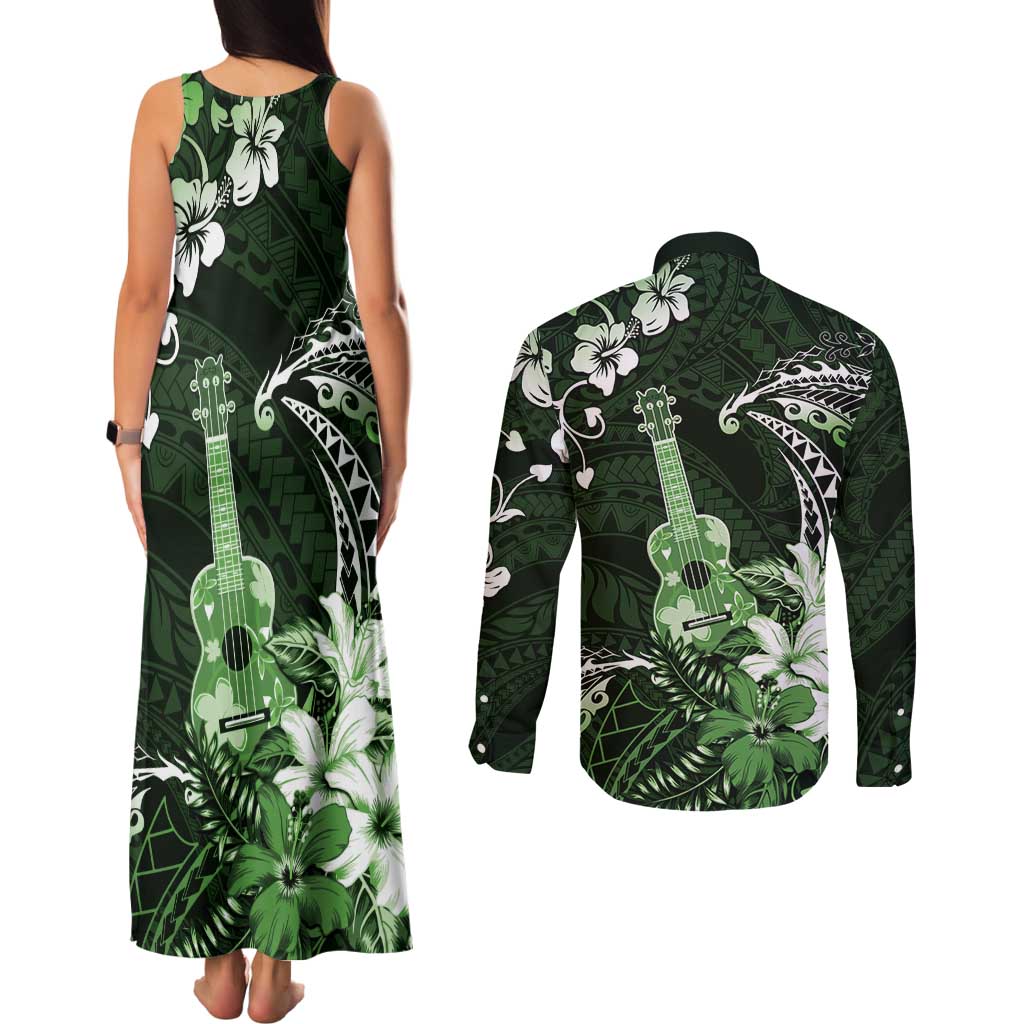 Hawaii Ukulele Couples Matching Tank Maxi Dress and Long Sleeve Button Shirt Polynesian Pattern Mix Hibiscus Green Version LT05 - Polynesian Pride
