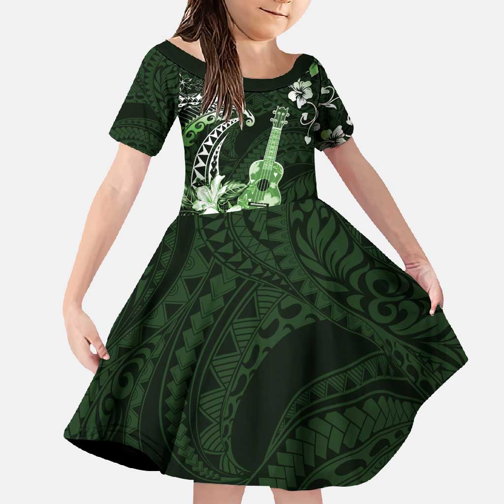Hawaii Ukulele Family Matching Mermaid Dress and Hawaiian Shirt Polynesian Pattern Mix Hibiscus Green Version LT05