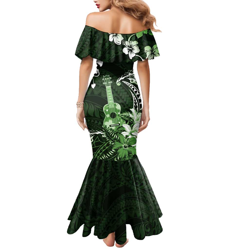 Hawaii Ukulele Family Matching Mermaid Dress and Hawaiian Shirt Polynesian Pattern Mix Hibiscus Green Version LT05
