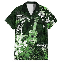 Hawaii Ukulele Family Matching Off The Shoulder Long Sleeve Dress and Hawaiian Shirt Polynesian Pattern Mix Hibiscus Green Version LT05