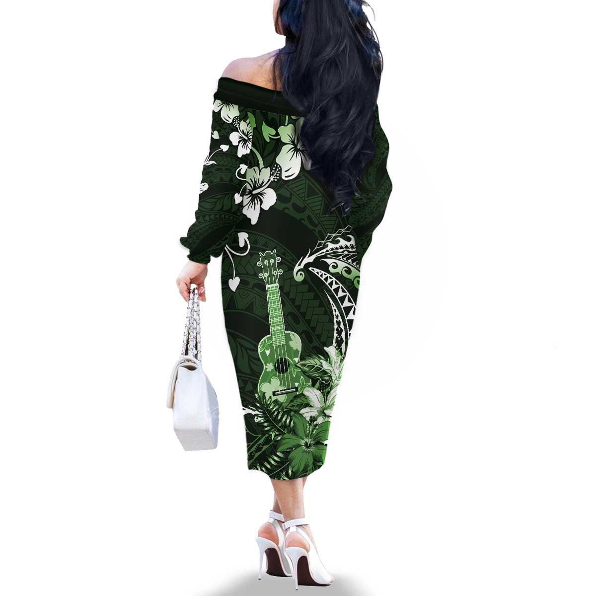 Hawaii Ukulele Family Matching Off The Shoulder Long Sleeve Dress and Hawaiian Shirt Polynesian Pattern Mix Hibiscus Green Version LT05