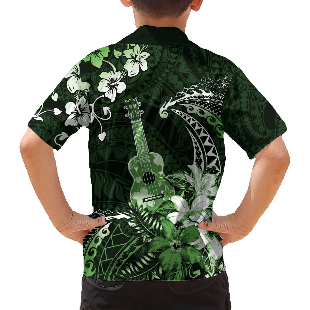 Hawaii Ukulele Family Matching Off Shoulder Maxi Dress and Hawaiian Shirt Polynesian Pattern Mix Hibiscus Green Version LT05