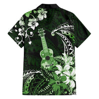 Hawaii Ukulele Family Matching Off Shoulder Maxi Dress and Hawaiian Shirt Polynesian Pattern Mix Hibiscus Green Version LT05