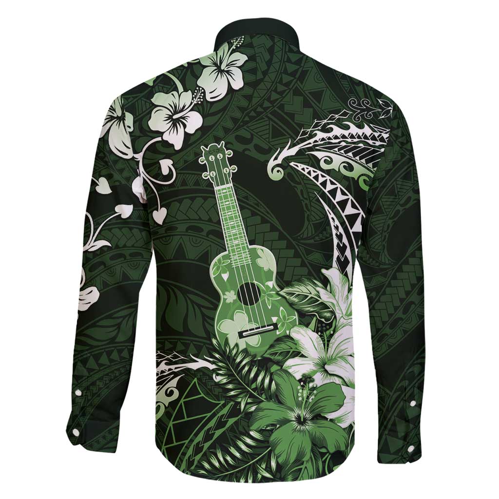 Hawaii Ukulele Family Matching Off Shoulder Maxi Dress and Hawaiian Shirt Polynesian Pattern Mix Hibiscus Green Version LT05