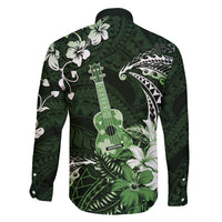 Hawaii Ukulele Family Matching Off Shoulder Maxi Dress and Hawaiian Shirt Polynesian Pattern Mix Hibiscus Green Version LT05