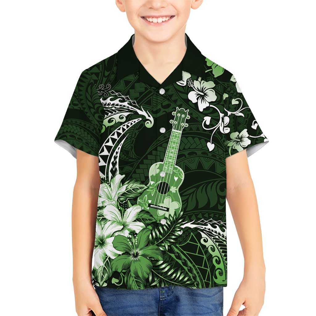 Hawaii Ukulele Family Matching Puletasi and Hawaiian Shirt Polynesian Pattern Mix Hibiscus Green Version LT05