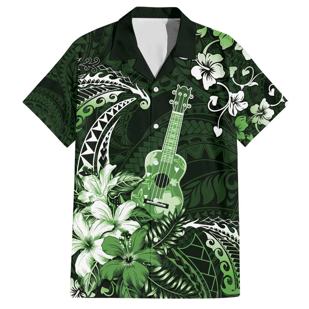 Hawaii Ukulele Family Matching Short Sleeve Bodycon Dress and Hawaiian Shirt Polynesian Pattern Mix Hibiscus Green Version LT05